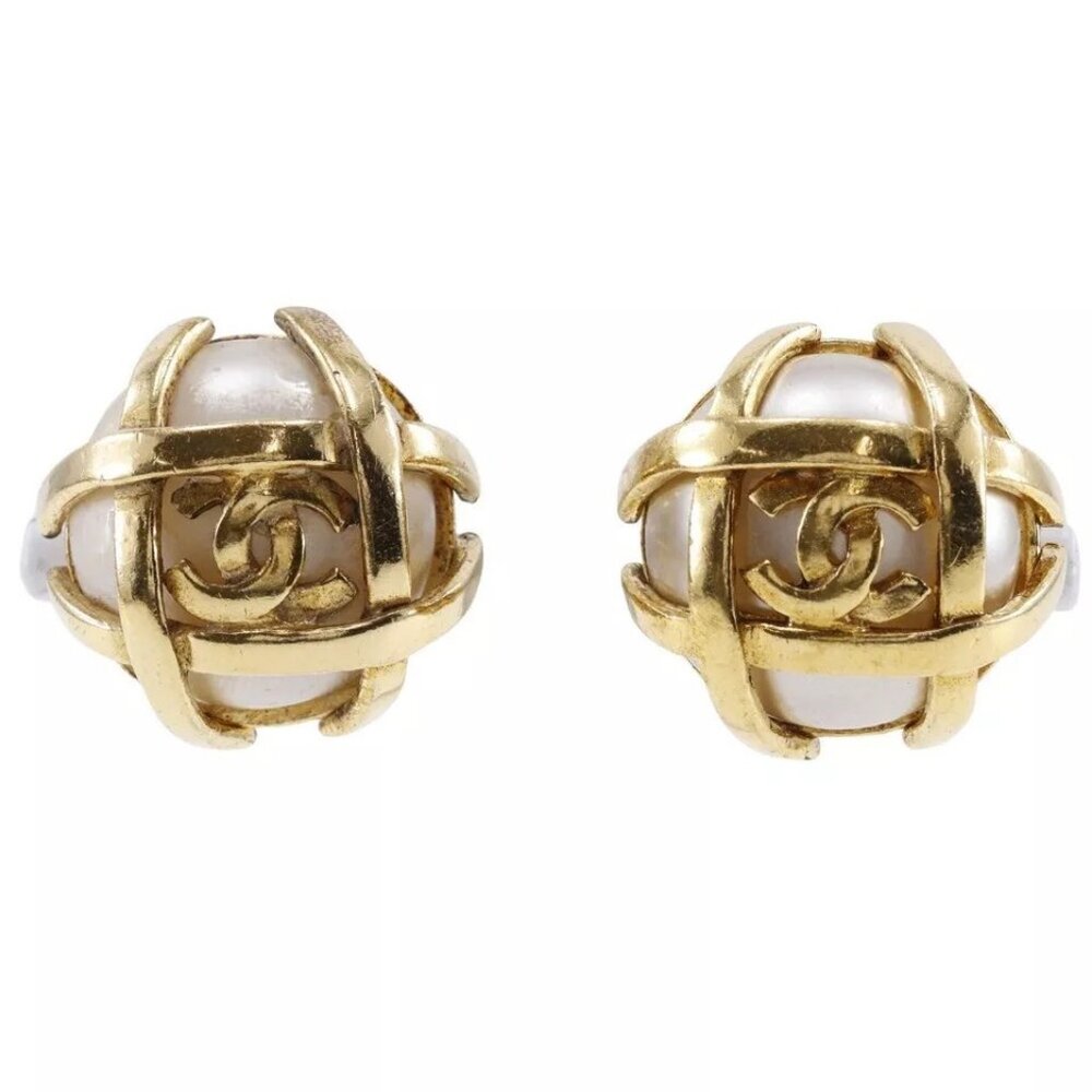 CHANEL COCO Mark Earring vintage Plated Gold/Fake pearl 31g Women - Picture 6 of 15
